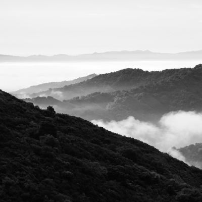 A black-and-white view of fog pooling in wooded valleys between hillsides, distant ridgelines fading into haze.