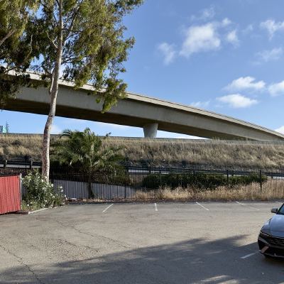 A curved freeway overpass rising above a parking lot lined with palm trees and iron fencing.