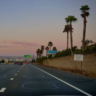 A nearly empty freeway at dusk lined with palm trees, with a 'right lane must exit' sign overhead.