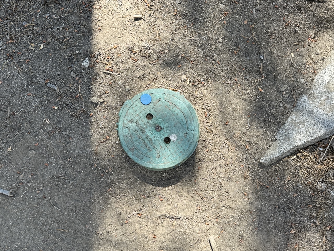 A round green irrigation control valve cover set into bare dirt