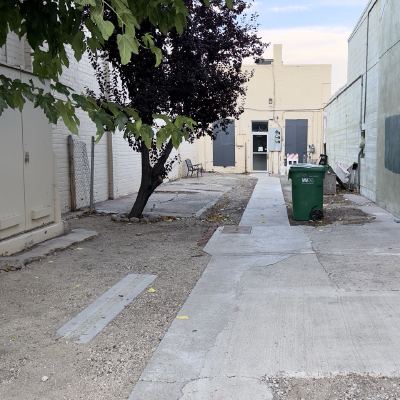 A narrow alley between buildings, with a green trash bin and a tree beside a concrete walkway