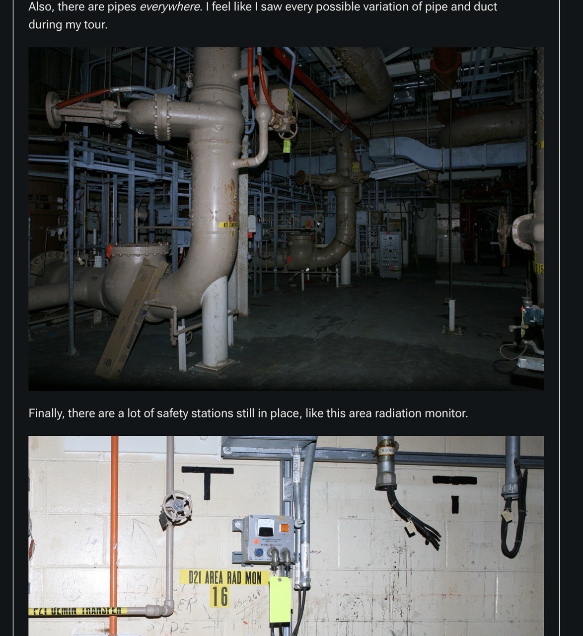 Screenshot of Nick Carr’s blog post, showing a tangle of industrial pipes and ductwork above a wall-mounted area radiation monitor.