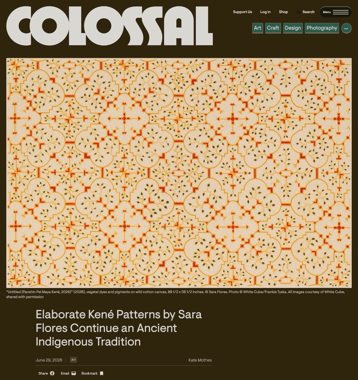 Screenshot of a Colossal article on Sara Flores, showing one of her intricate tan, red, and gold geometric textile patterns.