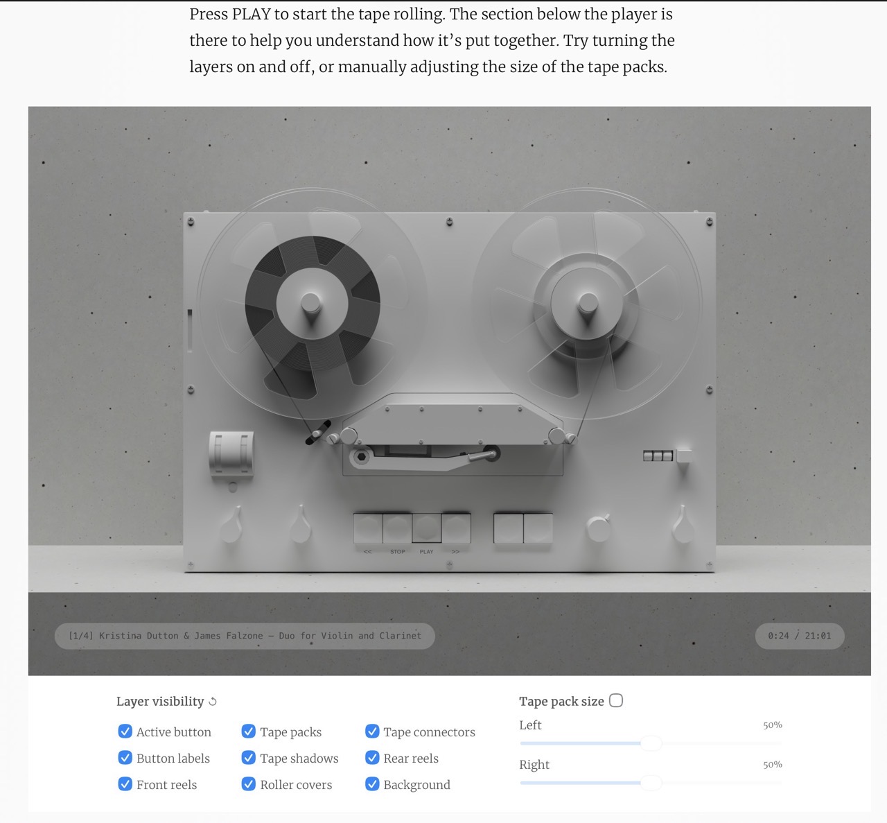 Screenshot of a 3D-rendered reel-to-reel tape player, with its playback buttons and layer-visibility toggles below.