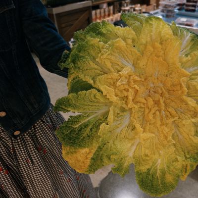 A person in a denim jacket holding up a huge napa cabbage, its ruffled green-and-yellow leaves splayed open, a grocery aisle behind.
