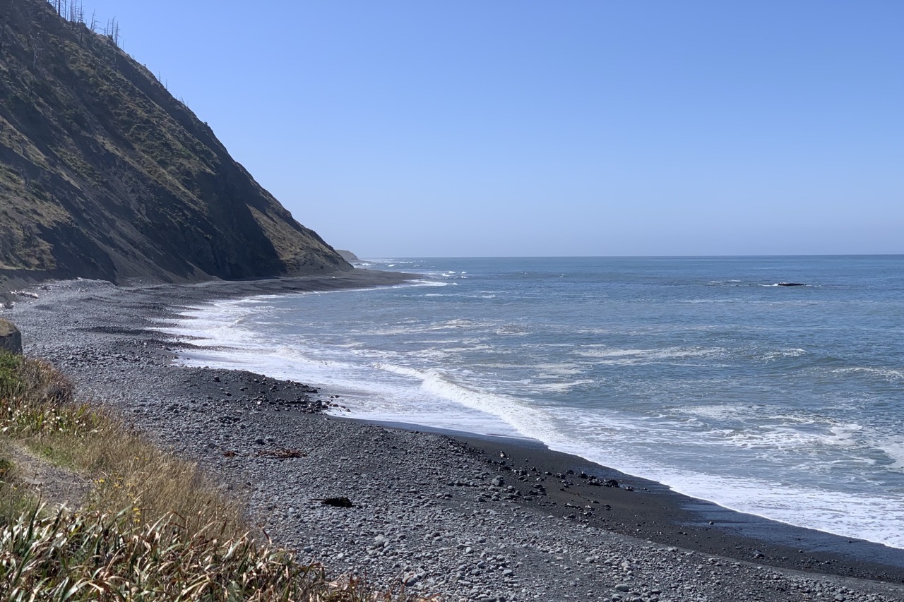 A pebble beach beneath a steep hillside scarred with burnt trees, waves rolling in along the rugged coast.