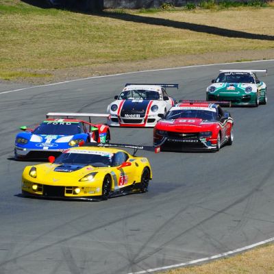 A pack of GT cars mid-corner, a yellow Corvette and blue Ford GT leading Porsches, a Camaro and an Audi.