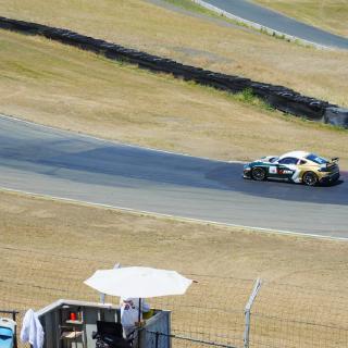 A teal-and-gold Porsche, number 14, cornering above a tire barrier, a spectator under an umbrella in the foreground.